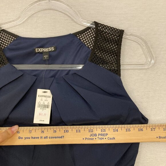 New Express size 2 Navy Sleeveless Fit and Flare Mesh Detail Side Zip Dress - Picture 6 of 9